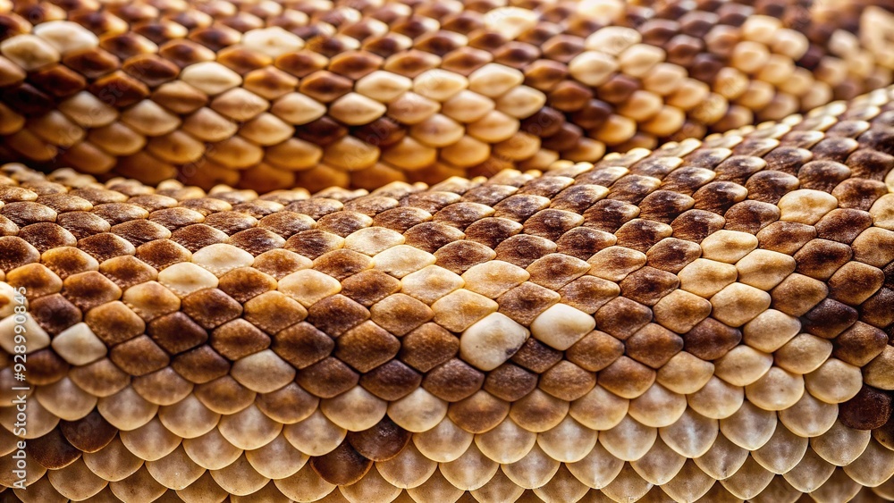 Macro shot of intricately patterned rattlesnake skin, showcasing scales in shades of brown, tan, and cream, with subtle texture and delicate markings. Macro shot of intricately patterned rattlesnake skin, showcasing scales in shades of brown, tan, and cream, with subtle texture and delicate markings.