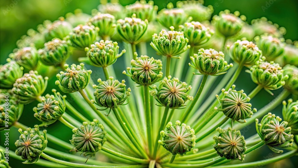 Macro shot of hogweed wildflower seed head, showing intricate details of tightly packed green pods, macro, shot, hogweed Macro shot of hogweed wildflower seed head, showing intricate details of tightly packed green pods, macro, shot, hogweed