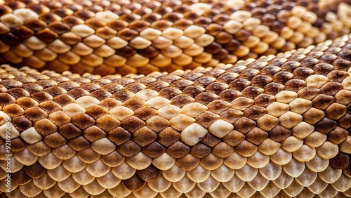 Macro shot of intricately patterned rattlesnake skin, showcasing scales in shades of brown, tan, and cream, with subtle texture and delicate markings.