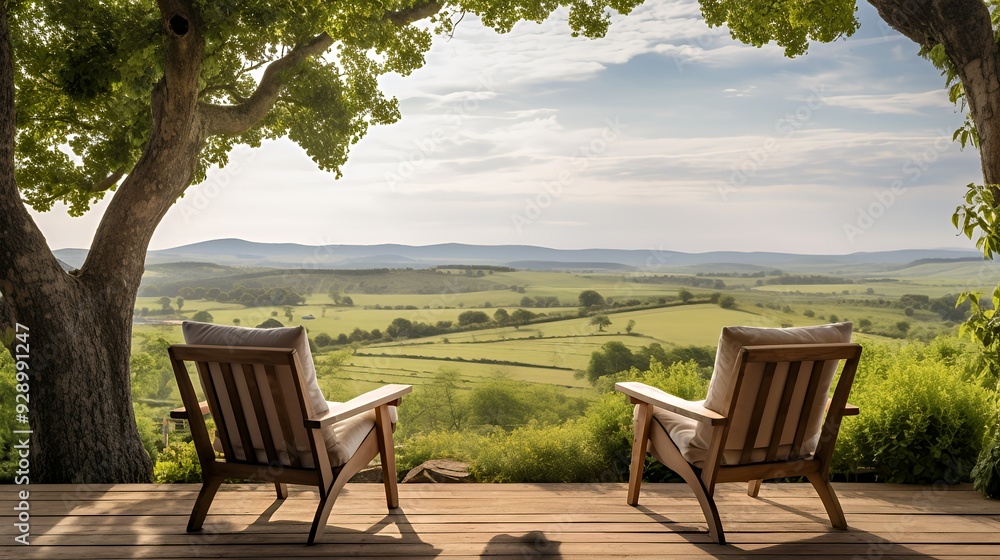 Two wooden chairs on a wooden deck overlooking a lush green valley, with a tree branch in the foreground and a blue sky with clouds in the background. Two wooden chairs on a wooden deck overlooking a lush green valley, with a tree branch in the foreground and a blue sky with clouds in the background.