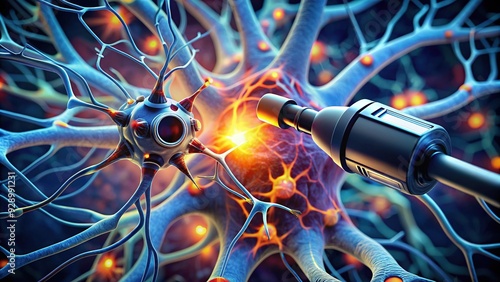 Macro view of a microscope illuminating a razor-sharp focus on a human brain neuron, highlighting the intricacies of neurological connections amidst a stroke. photo