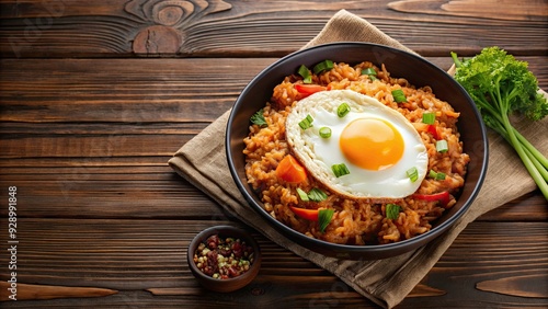 Kimchi fried rice with egg and fresh cabbage in bowl on wooden background, Korean, food, cuisine, kimchi, fried rice, egg