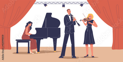 Symphony Orchestra Performing On Stage With Violinist, Clarinet Player, And Pianist In A Cartoon Vector Illustration