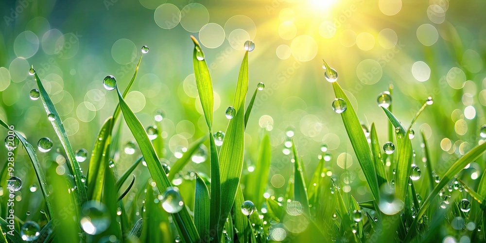 Fototapeta premium Fresh dew drops glistening on lush green grass and leaves, morning, nature, water droplets, refreshing, close-up, sunlight