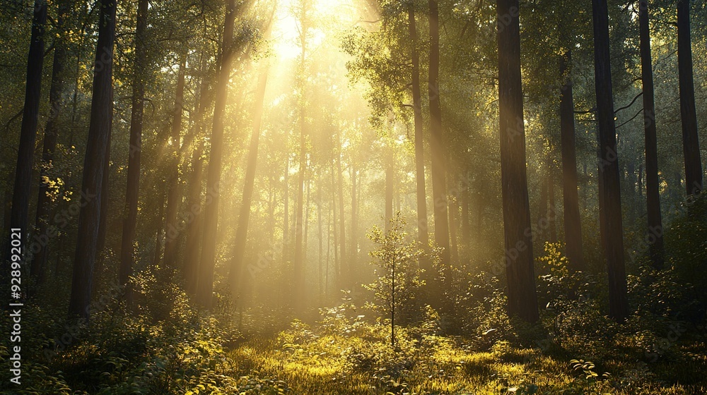 Fototapeta premium Golden Light Through the Trees: A mesmerizing view of sunlight streaming through a dense forest, illuminating the woodland path with a warm, ethereal glow.