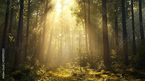 Golden Light Through the Trees: A mesmerizing view of sunlight streaming through a dense forest, illuminating the woodland path with a warm, ethereal glow.