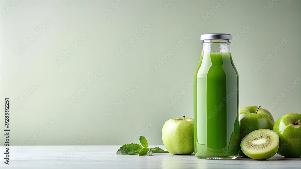 Blank juice bottle surrounded by green fruit juice mockup on plane surface , fresh, beverage,packaging, container, product, organic Blank juice bottle surrounded by green fruit juice mockup on plane surface , fresh, beverage,packaging, container, product, organic