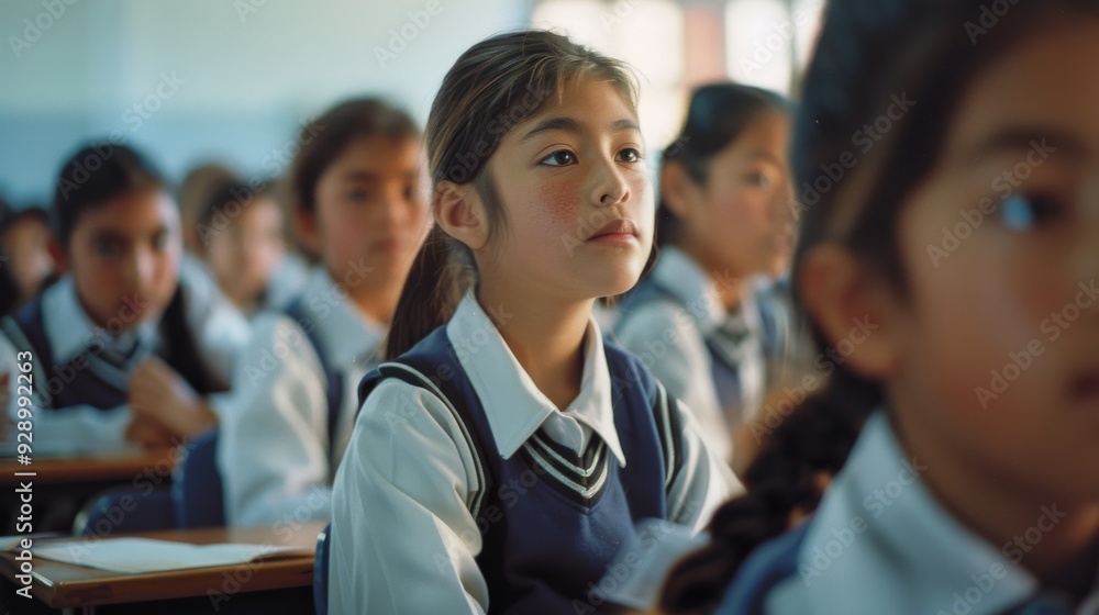 A young girl deep in thought during a classroom session, surrounded by fellow students, highlighting learning and attention. A young girl deep in thought during a classroom session, surrounded by fellow students, highlighting learning and attention.