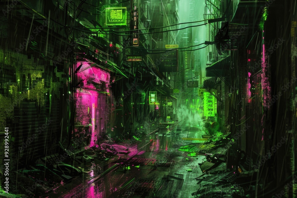 Fototapeta premium A vibrant city street at night with colorful neon lights illuminating the buildings
