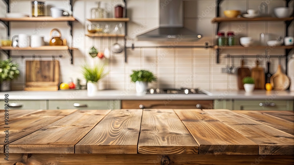 Empty wooden kitchen background with blurred elements for product displays, kitchen, wood, empty, background, blurred, interior Empty wooden kitchen background with blurred elements for product displays, kitchen, wood, empty, background, blurred, interior
