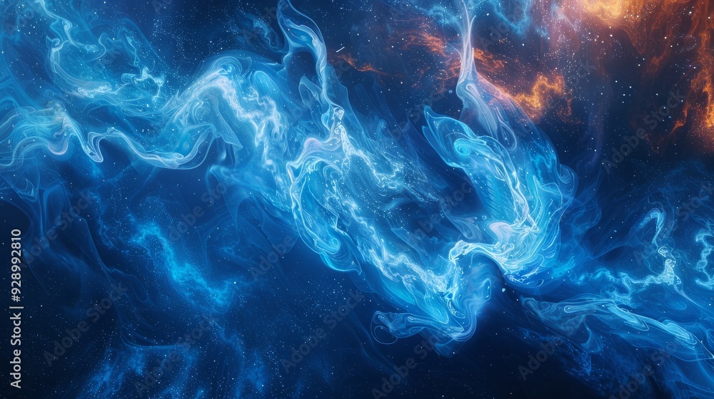Swirling blue and orange cosmic clouds in deep space with distant stars Swirling blue and orange cosmic clouds in deep space with distant stars