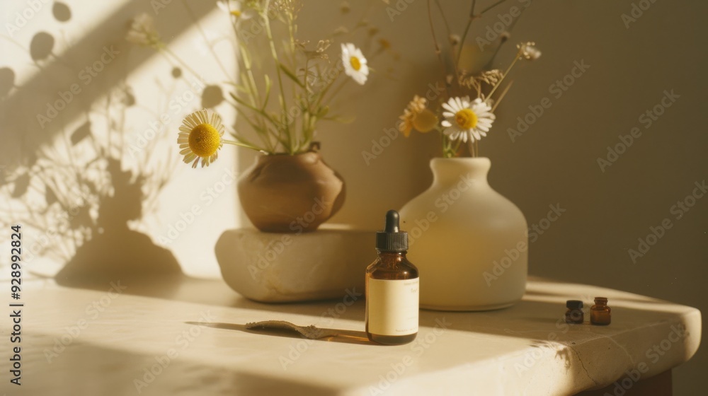 A tranquil scene with a brown bottle, delicate flowers, and soft sunlight illuminating a serene space, evoking calmness and natural beauty. A tranquil scene with a brown bottle, delicate flowers, and soft sunlight illuminating a serene space, evoking calmness and natural beauty.