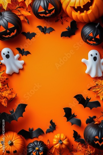 Halloween Background with Jack-o'-Lanterns, Ghosts, Bats, Autumn Leaves, and Vibrant Orange Copy Space photo