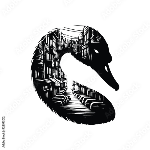 silhouette of Swan filled with ghetto street in rough drawing