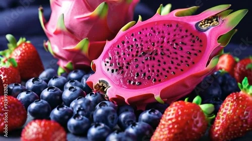 Close-up of dragon fruit, strawberries, and blueberries