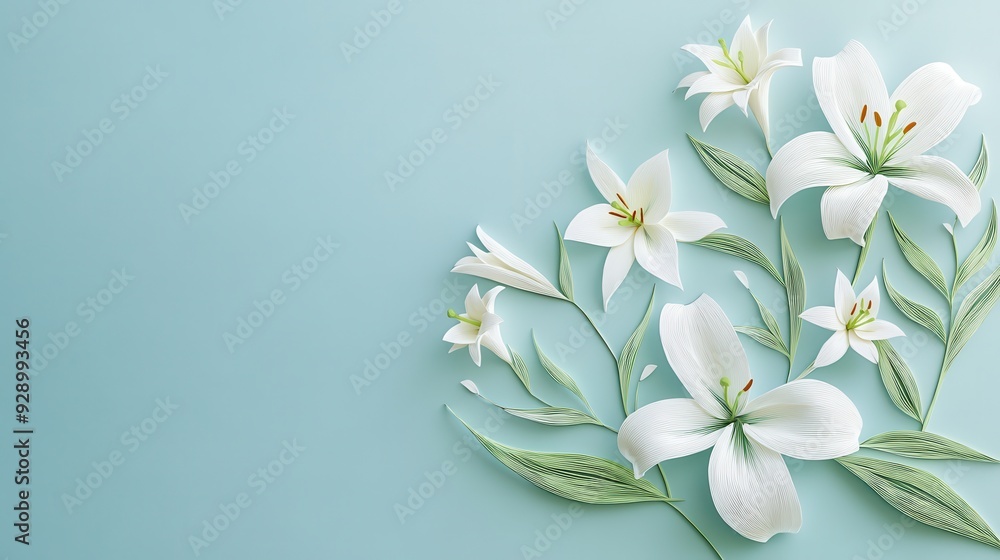 Fototapeta premium A serene composition of white lilies and green leaves on a soft blue background.