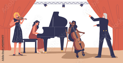 Symphony Orchestra Performing With Musicians Playing Violin, Piano, And Cello. Conductor Leading The Ensemble