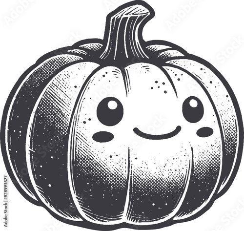 Grunge-Style Pumpkin Smiling Vegetable Character with Texture, Rough Hand-Drawn with Grainy Print Effect.