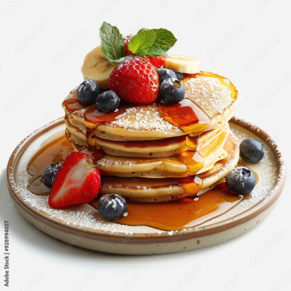 A stack of delicious pancakes with fresh fruit toppings. A stack of delicious pancakes with fresh fruit toppings.