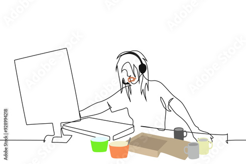 hikka woman with dirty hair in over-ear headphones with a microphone with a dirty mouth with a bunch of food packaging and a pizza box sitting at a computer desk - one line art vector