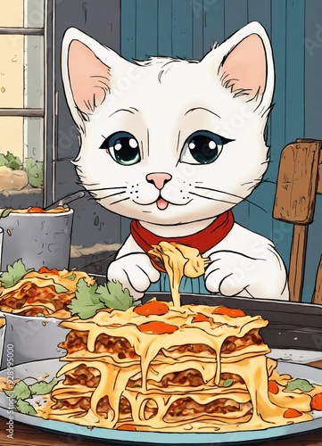 A cute adorable white little cat with big eyes eating messy lasagna illustration by herg perfect coloring 8k