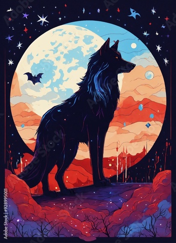 All glassblowing vampire urban style shooting stars big crescent moon one white wolf one black wolf howling at the moon constellations night moon spark of blue light bats red purple blue cream