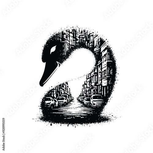 silhouette of Swan filled with ghetto street in rough drawing