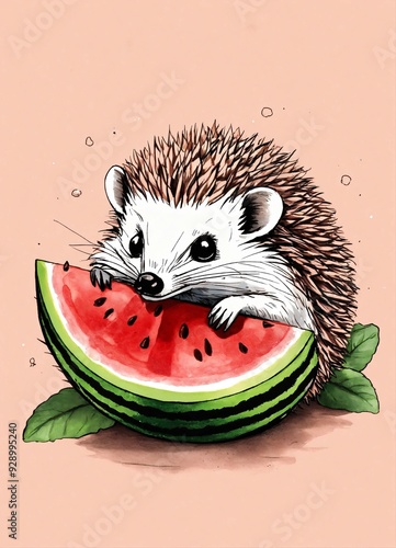 A small hedgehog holding a piece of watermelon with its tiny paws taking little bites eyes closed in delight cute ink sketch style illustration
