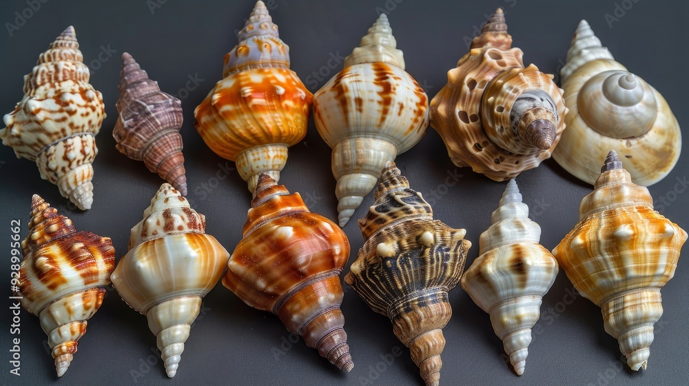 Collection of colorful seashells arranged on a dark surface showcasing their unique patterns