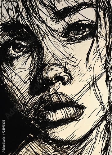Scratchy pen strokes blind contour fisheye perspective close-up beautiful girls face in darkness stark hatch shaded sketchy scribbly ink strong angular shapes woodcut shading pen strokes pout