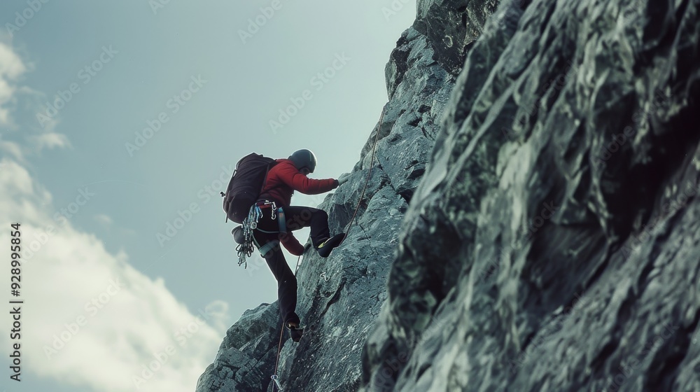 Fototapeta premium A determined climber ascends a steep, rocky surface under a cloudy sky, driven by passion and precision in the midst of nature.