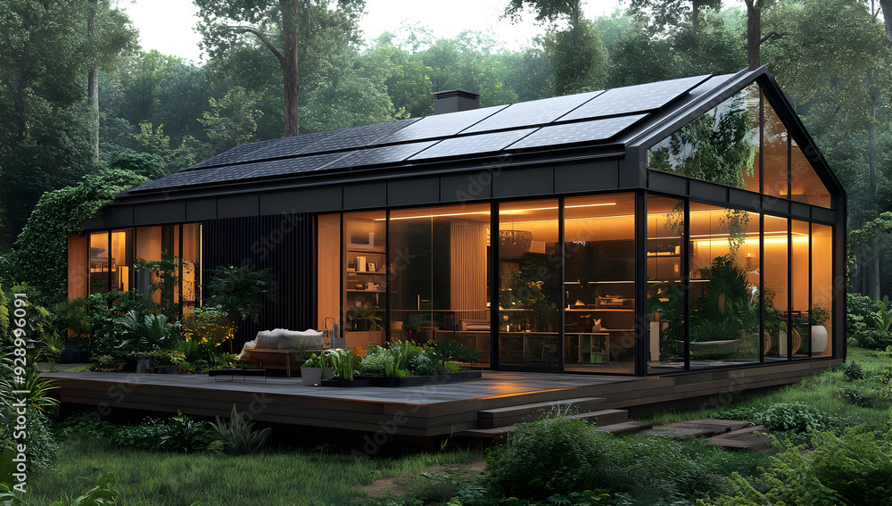 A modern glass house surrounded by lush greenery, featuring solar panels and a warm, inviting interior design. A modern glass house surrounded by lush greenery, featuring solar panels and a warm, inviting interior design.