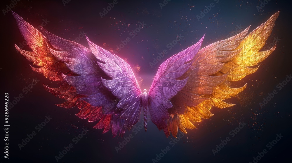 Colorful wings with intricate details featuring purple and gold tones in a dark background Colorful wings with intricate details featuring purple and gold tones in a dark background
