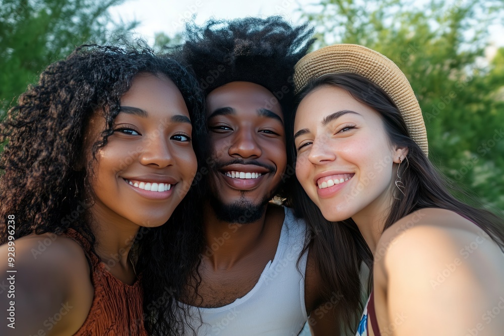 Three friends smiling and looking at the camera, taking a selfie. Three friends smiling and looking at the camera, taking a selfie.