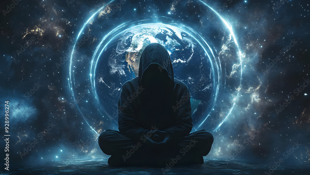 A mysterious figure meditates in space, surrounded by cosmic elements and the Earth, evoking a sense of peace and enlightenment. A mysterious figure meditates in space, surrounded by cosmic elements and the Earth, evoking a sense of peace and enlightenment.
