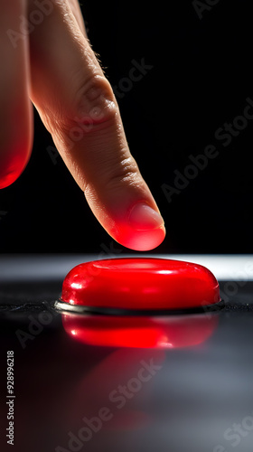 Hand pressing the glowing red button.