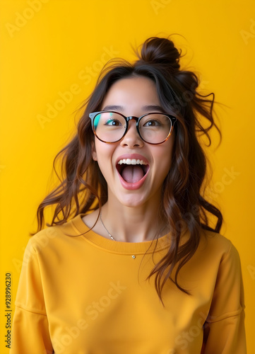 Portrait of beautiful young girl laughing in full excitement. Isolated on yellow background. 