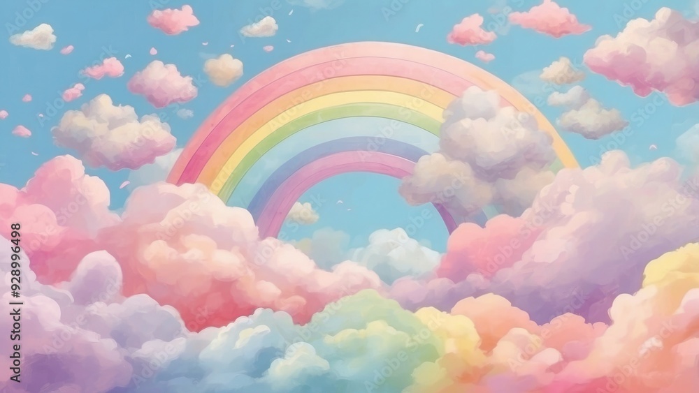 Pastel rainbow with fluffy clouds, sweet and cute. Pastel rainbow with fluffy clouds, sweet and cute.