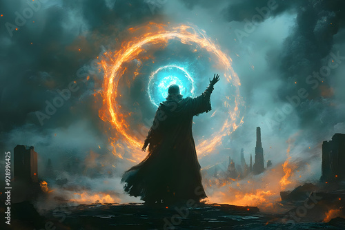 A mystic figure conjures a portal with elemental energy, surrounded by a dramatic, smoky landscape and ethereal flames.