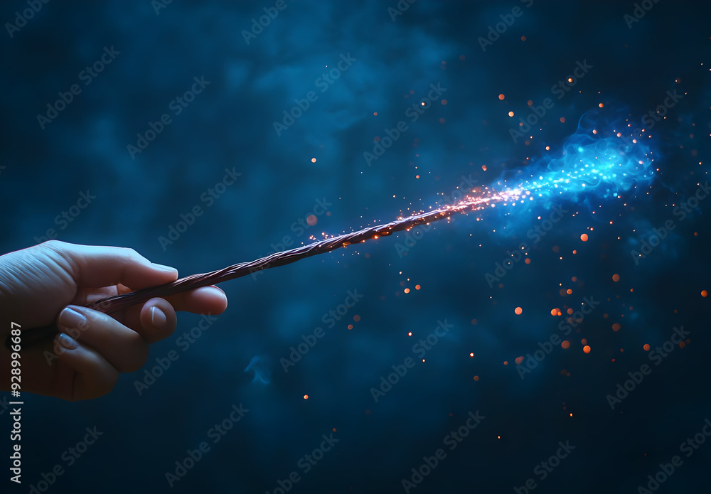 A mystical wand casting a dazzling blue spark in a dark environment, evoking a sense of magic and wonder. A mystical wand casting a dazzling blue spark in a dark environment, evoking a sense of magic and wonder.
