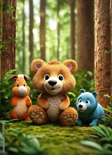 3d childrens image of 4 animals playing hide and seek in the forest