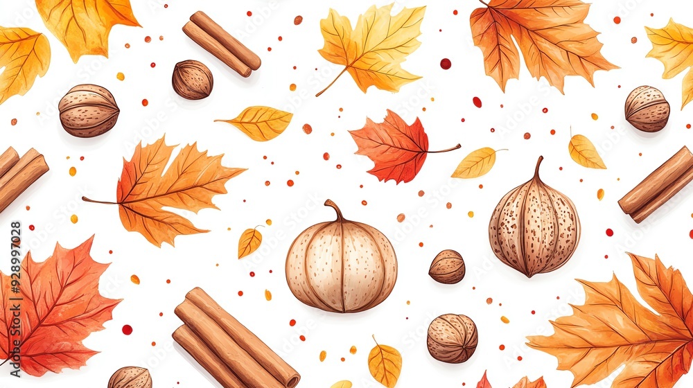 Watercolor autumn seamless pattern with leaves, pumpkins, nuts and cinnamon sticks. Watercolor autumn seamless pattern with leaves, pumpkins, nuts and cinnamon sticks.