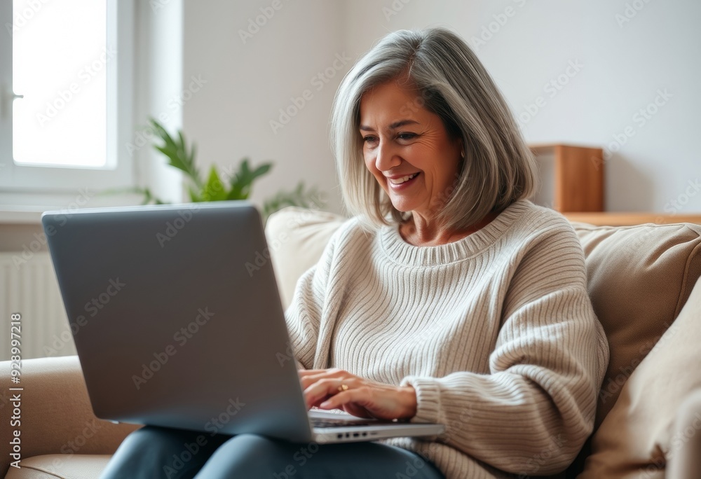 aged woman in a beige sweater working on a laptop at home in a cozy environment aged woman in a beige sweater working on a laptop at home in a cozy environment