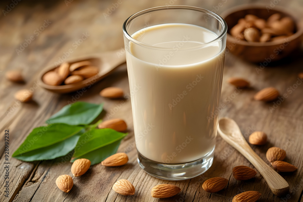 A refreshing glass of almond milk surrounded by almonds and green leaves, ideal for healthy living and plant-based diets. A refreshing glass of almond milk surrounded by almonds and green leaves, ideal for healthy living and plant-based diets.