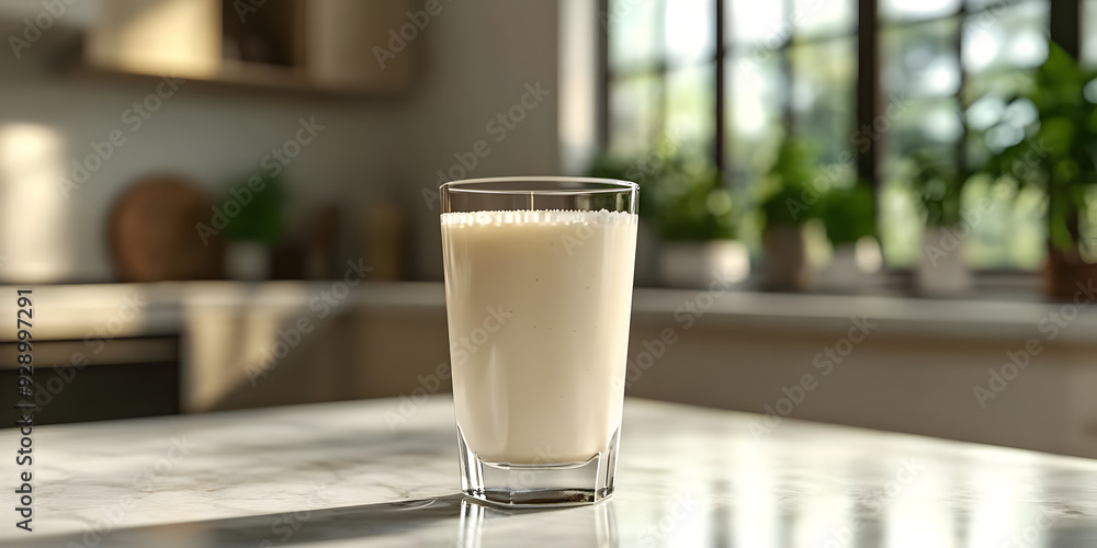 A refreshing glass of milk sits on a marble countertop, bathed in natural light, perfect for promoting healthy living and nutrition. A refreshing glass of milk sits on a marble countertop, bathed in natural light, perfect for promoting healthy living and nutrition.