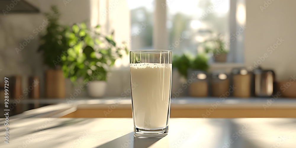 A refreshing glass of milk on a kitchen counter, showcasing a bright, sunny atmosphere with plants in the background. A refreshing glass of milk on a kitchen counter, showcasing a bright, sunny atmosphere with plants in the background.
