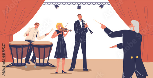 Symphony Orchestra Performing On Stage With Conductor, Percussionist, Violinist, And Clarinetist In Symphony Performance
