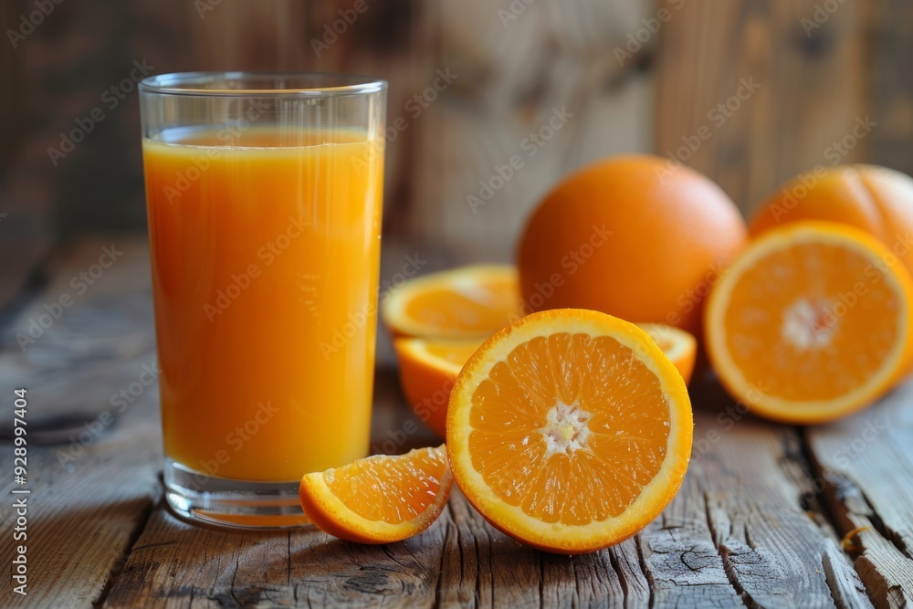 Glass of orange juice on a table surrounded by fresh oranges Glass of orange juice on a table surrounded by fresh oranges