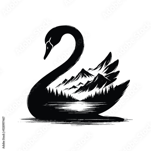 silhouette of Swan filled with mountain and nature view in rough drawing photo