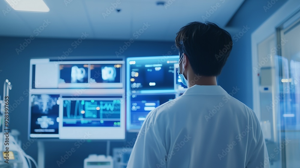A doctor in a white coat and face mask stands in a medical office looking at multiple monitors with medical data. A doctor in a white coat and face mask stands in a medical office looking at multiple monitors with medical data.